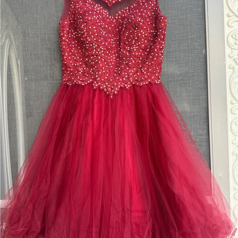 May Queen Red Pearl-Embellished Tulle Party Dress